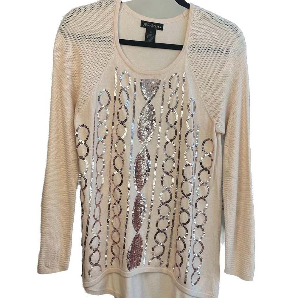 Design 365 Cream Sequin Statement Sweater Blouse - Size M